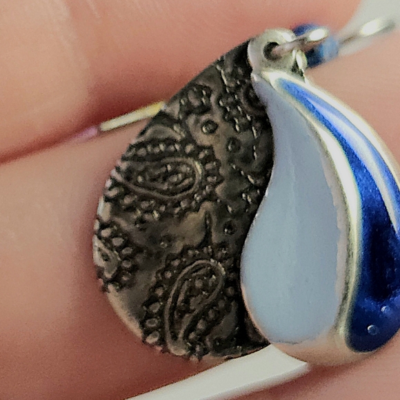 Silver Etched Floral & Metallic Blue Swirl Layered Dangle Earrings - Picture 7 of 10